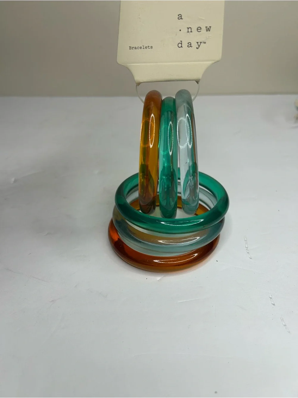 a.new day Glossy Iridescent Bangle Set - Amber, Teal, Aqua NEW WITH TAGS